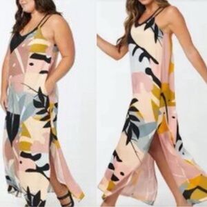 Shebird Savannah built bra leaf patterned side slit max dress size 5 M/L (10)